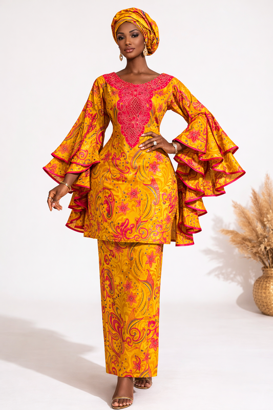 Zaria Golden Embroidered Wrap Skirt Set
