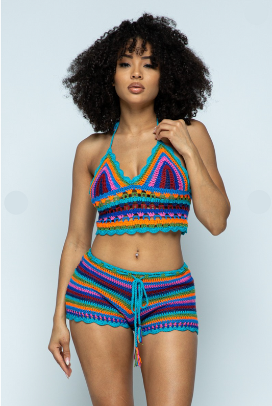 Crochet Halter booty shorts 2 piece set