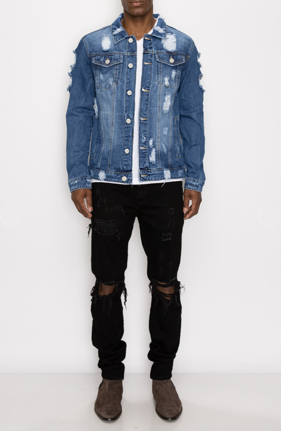 Distressed blue denim jacket